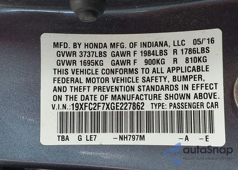 2016 Honda Civic Ex from USA, damaged, VIN 19XFC2F7XGE227862